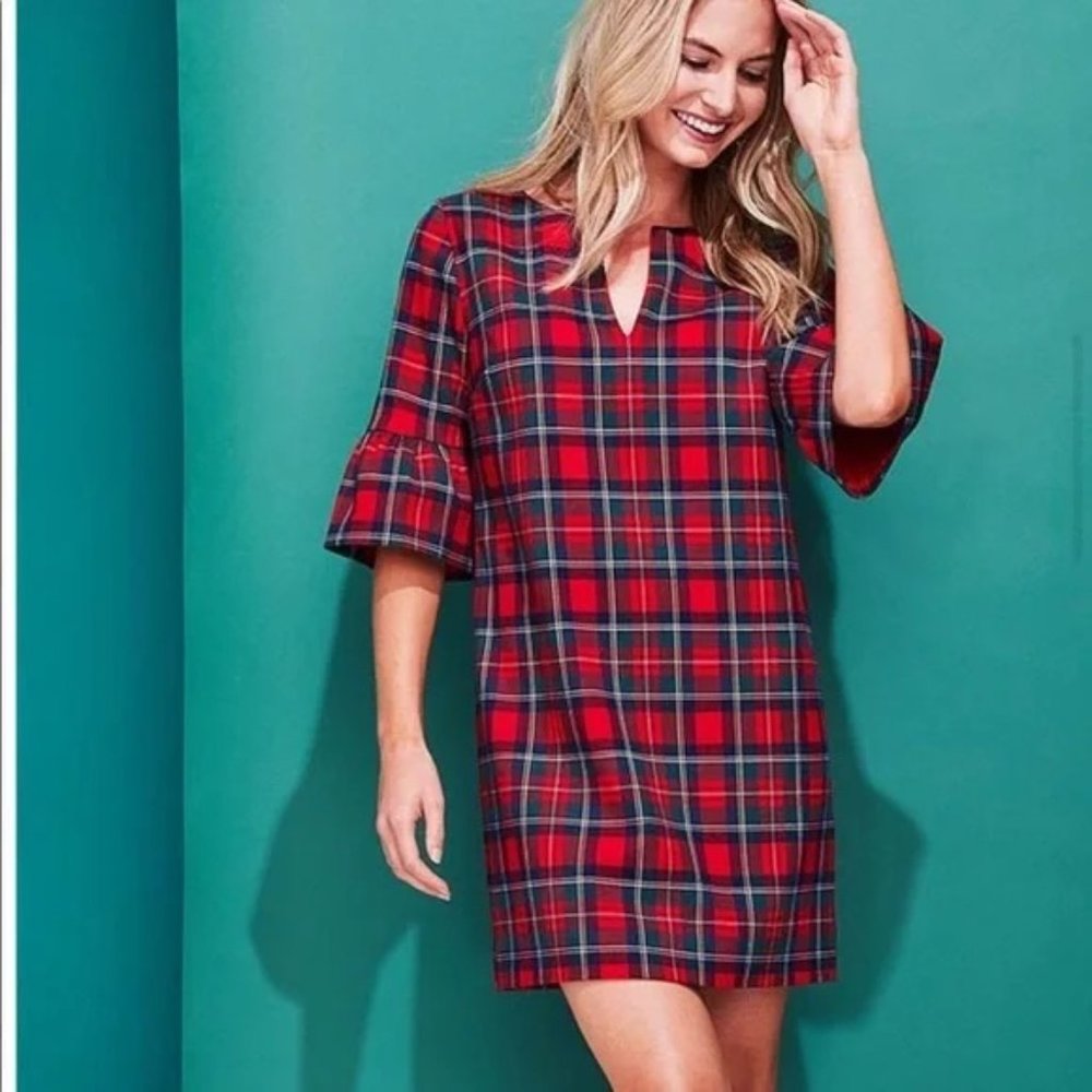 Vineyard Vines Red Plaid Greenwich Flutter Sleeve Shift Dress - Size 8